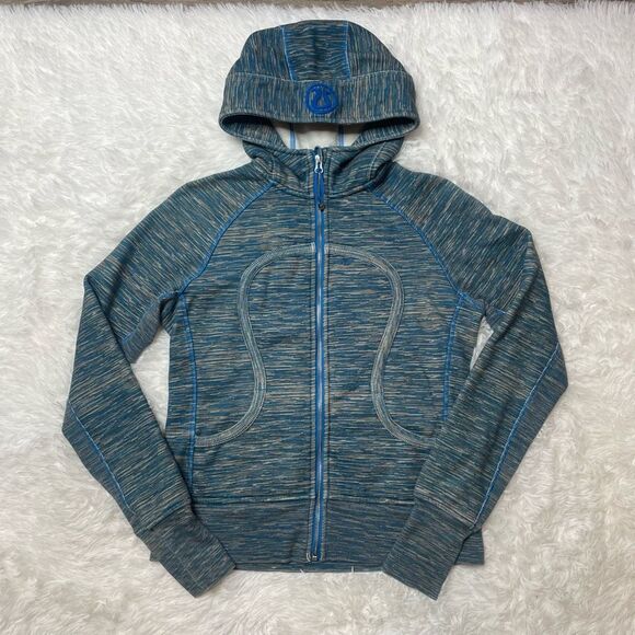 Lululemon Full Zip Scuba Hoodie Size 10 Blue Stripe Thumbholes Fleece - Picture 1 of 8